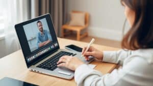 Frau beim Online-Coaching: Sie sitzt am Schreibtisch, schreibt mit einem Stift ins Tablet und spricht per Video-Call mit einem Coach auf dem Laptop